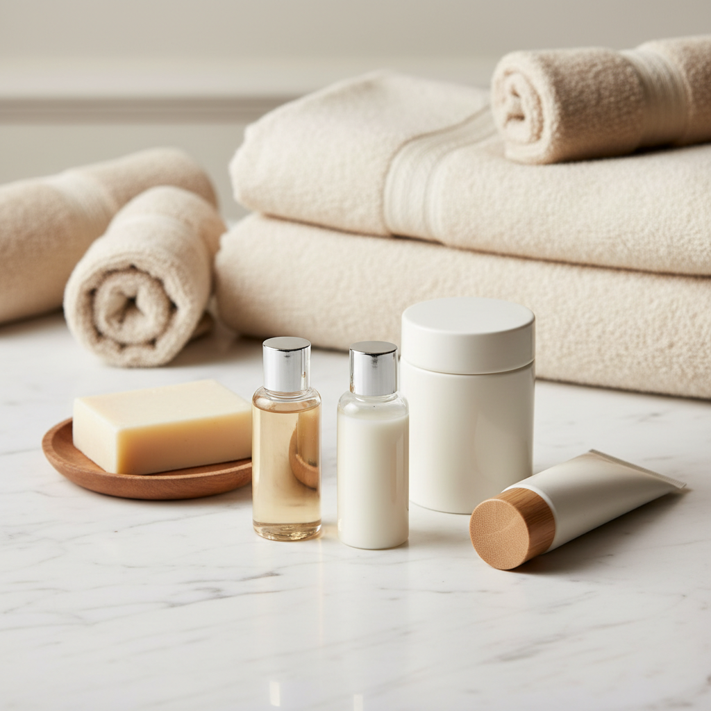 Hotelshampoo in Einzeltube und Wandspender präsentiert im Badezimmer eines Hotelzimmers