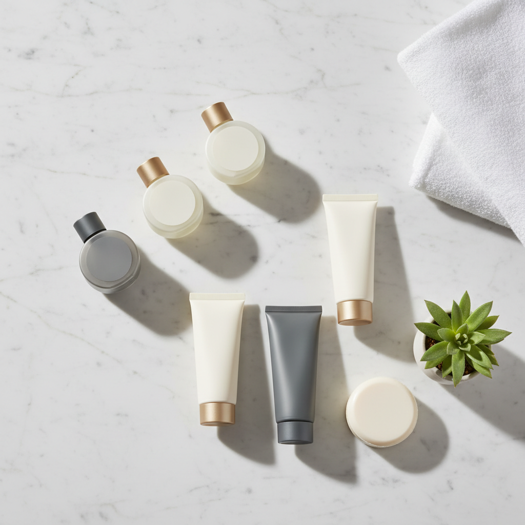 Shampoo per hotel in tubetto individuale e dispenser a muro presentati nel bagno di una camera d'hotel