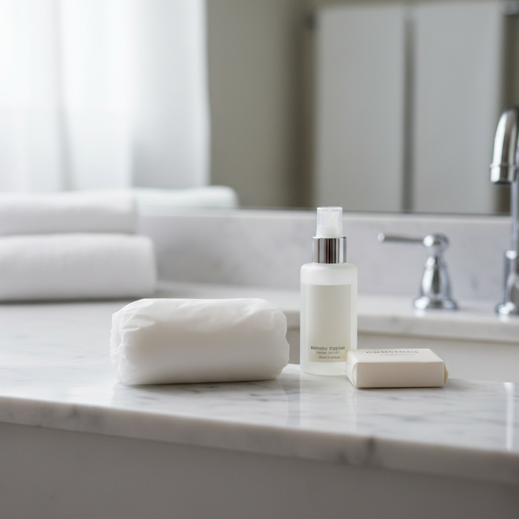 Hotel shower cap individually sealed on bathroom marble surface alongside hotel amenities