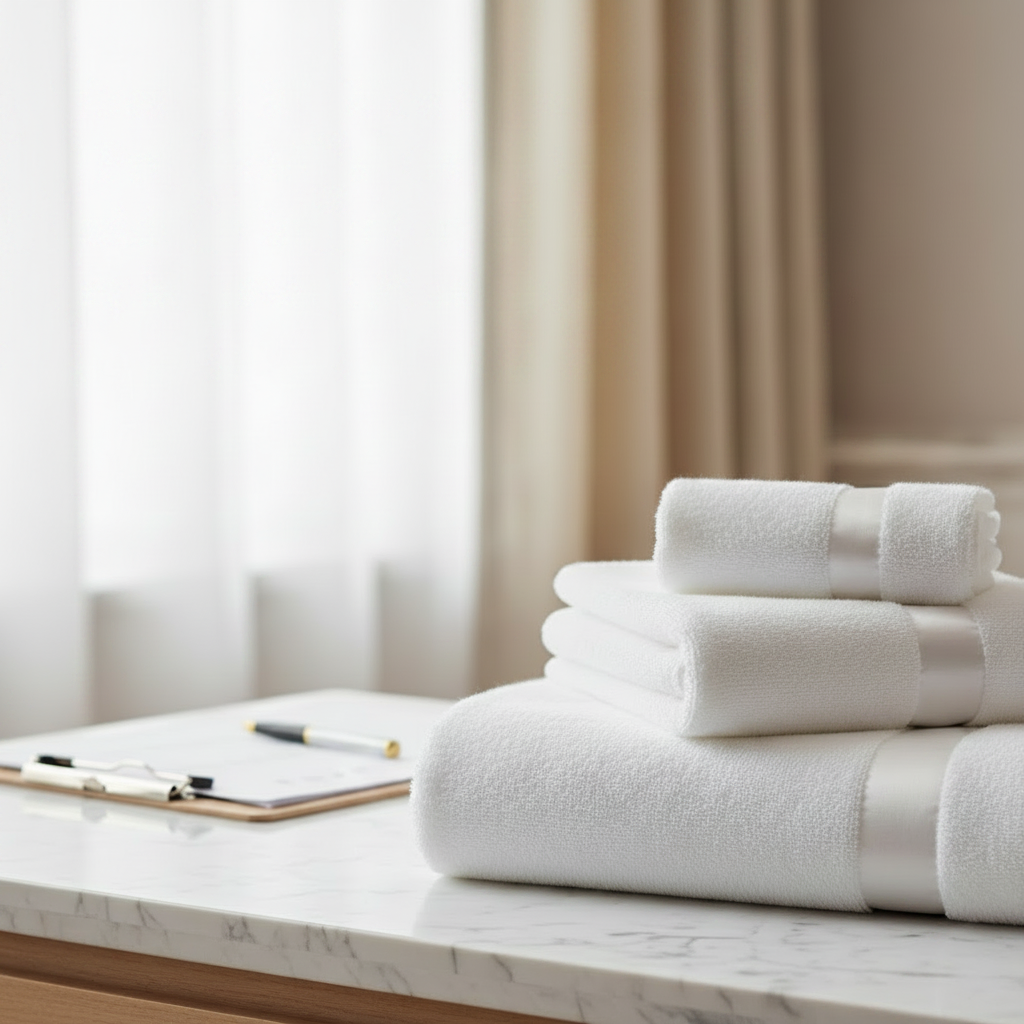Revision des Hotelhandtuch-Bestands in der professionellen Wäscherei zur Feststellung, welche zu erneuern und welche außer Betrieb zu nehmen sind