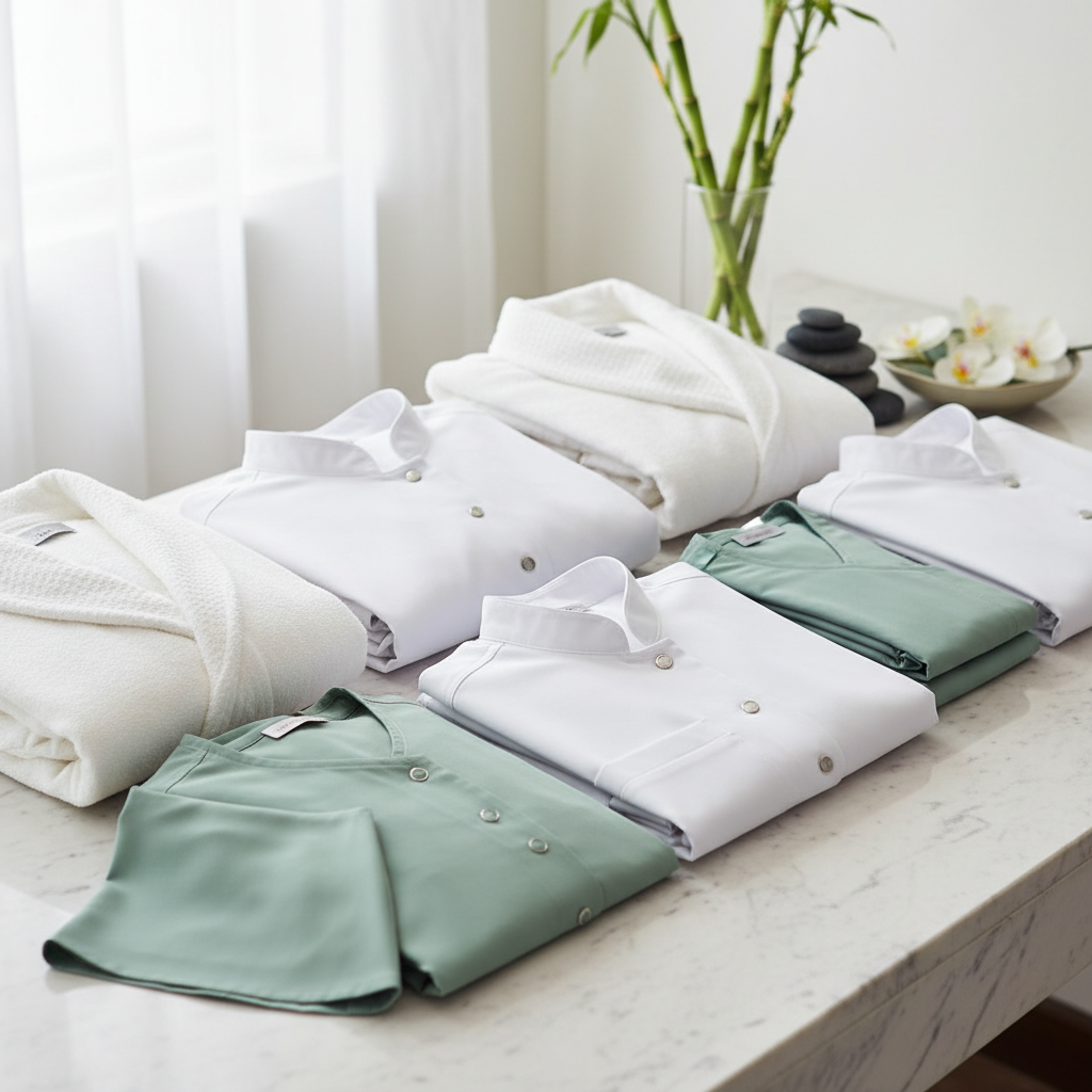 Hotel spa therapist in white viscose tunic and cream palazzo trousers during a treatment in the massage room of a wellness hotel