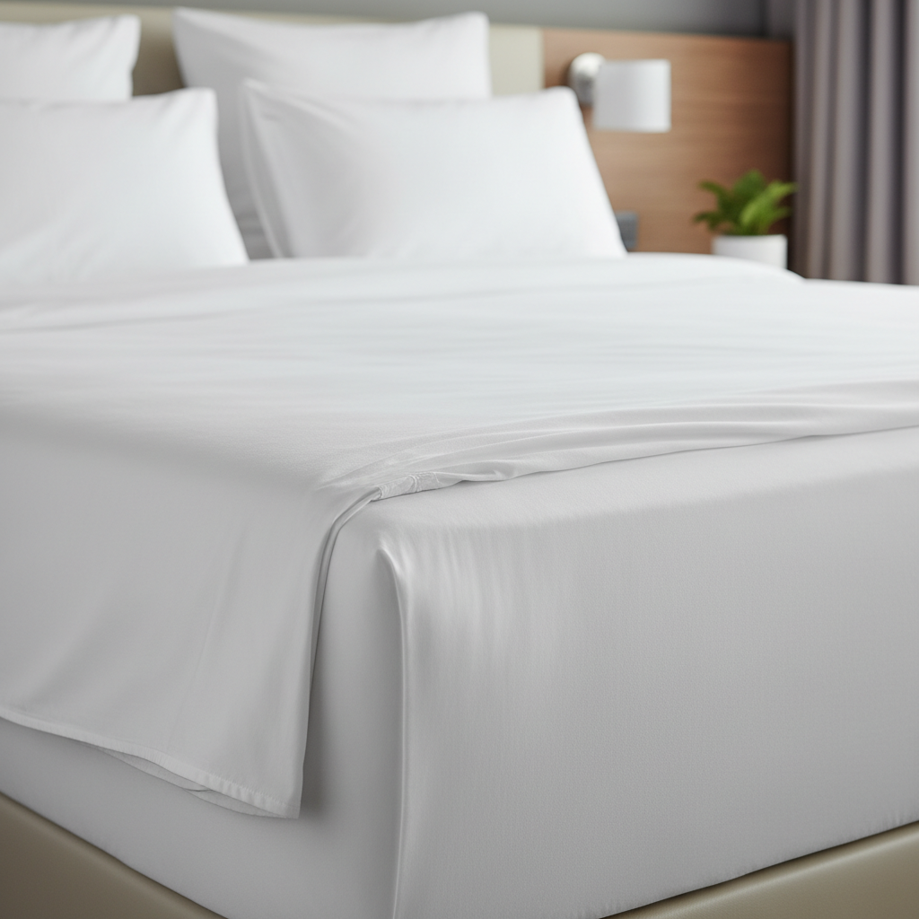Detail der Taschentiefe eines Hotel-Spannbettlakens: 40 cm Messung erforderlich für Matratze mit Topper und Matratzenschoner in einem Kategoriehotel