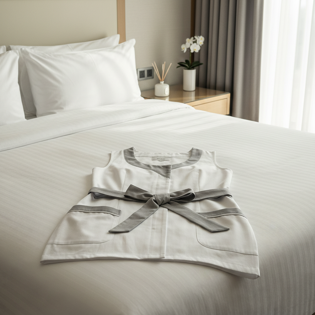 Etagenmitarbeiterin mit Housekeeping-Stola mit mehreren Taschen während der Reinigung eines Hotelzimmers