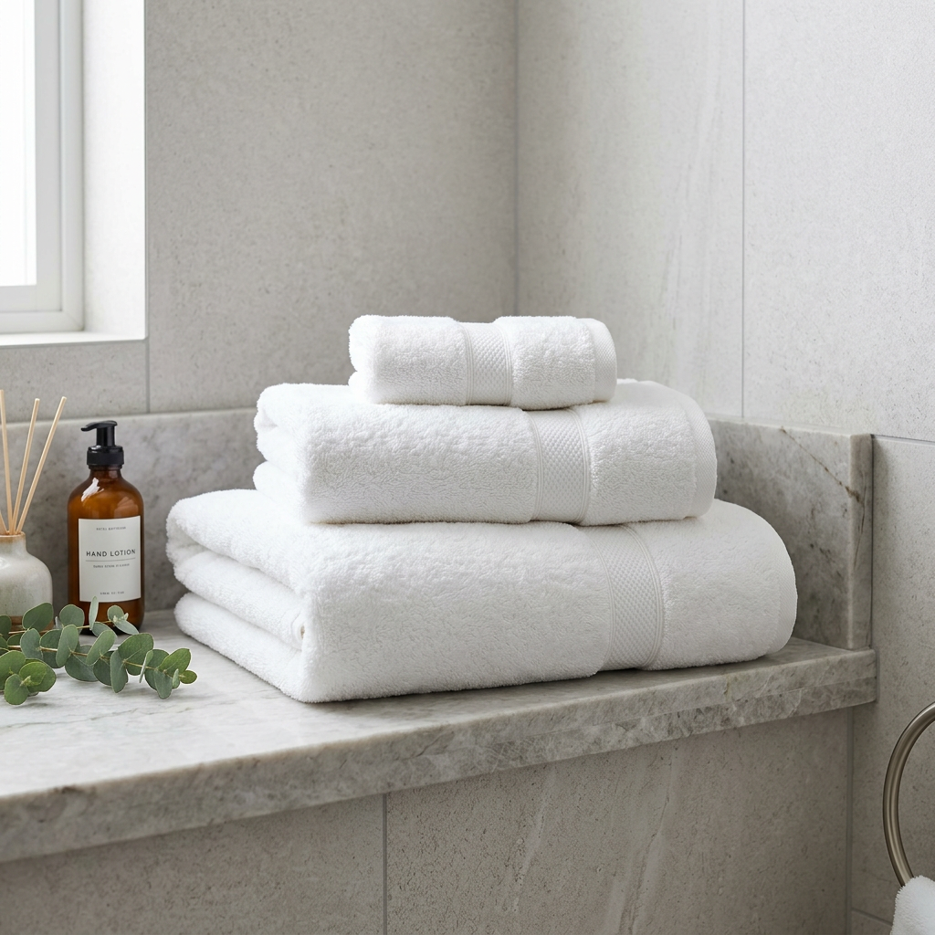 Tabla comparativa de los tipos de toallas de hotel: toalla de baño 70x140 cm, toalla de mano 50x100 cm, manopla de baño 30x50 cm, alfombrilla de baño 50x80 cm y toalla de piscina 80x160 cm, con gramaje y dotación recomendada por categoría