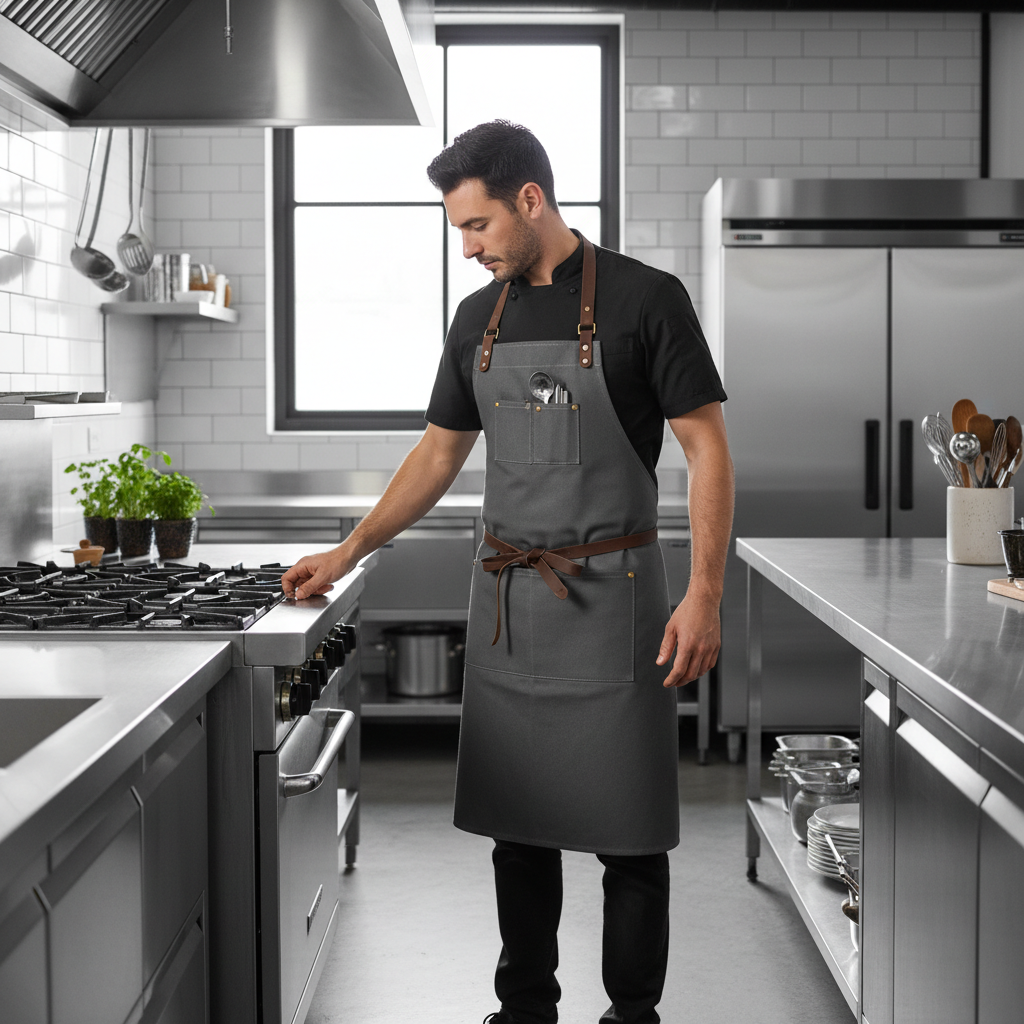 Tabliers de cuisine personnalisés avec logo brodé pour restaurant hôtelier en coton denim avec identité visuelle corporate