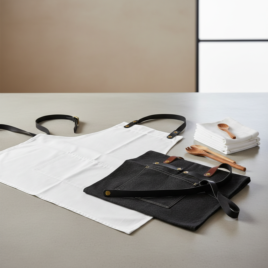 Cuisinier professionnel avec tablier à bavette en coton-polyester blanc avec bretelles croisées et grande poche frontale dans une cuisine d'hôtel