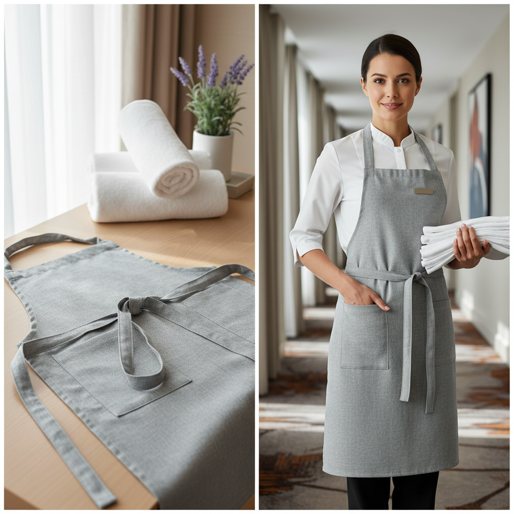 Femme de chambre portant un tablier de housekeeping à multiples poches pendant le nettoyage d'une chambre d'hôtel