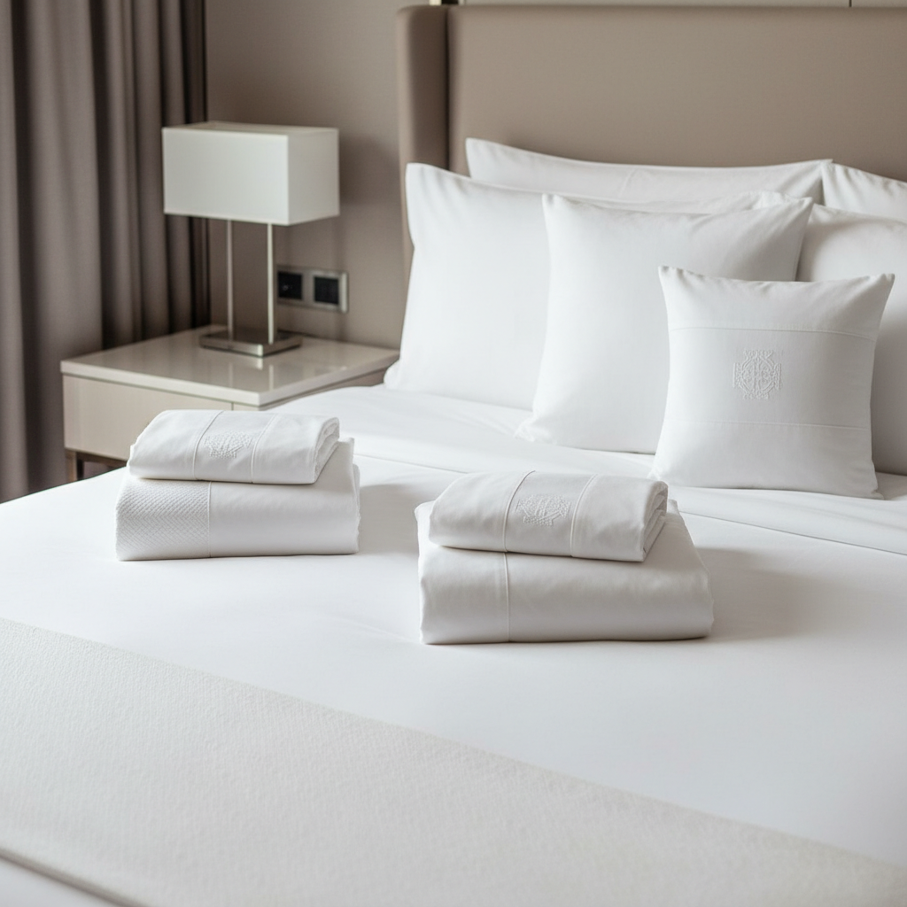 Taies d'oreiller blanches en coton percale sur un lit d'hôtel parfaitement fait avec des oreillers bien ajustés