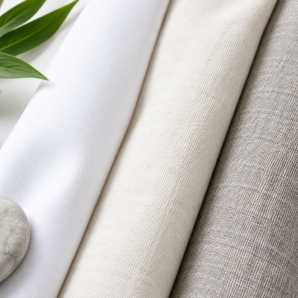 Uniformes de hostelería en tres tejidos principales: chaqueta de recepción en algodón peinado blanco, chaqueta de cocinero en mezcla 65% algodón 35% poliéster y pantalón de limpieza en poliéster resistente al lavado industrial