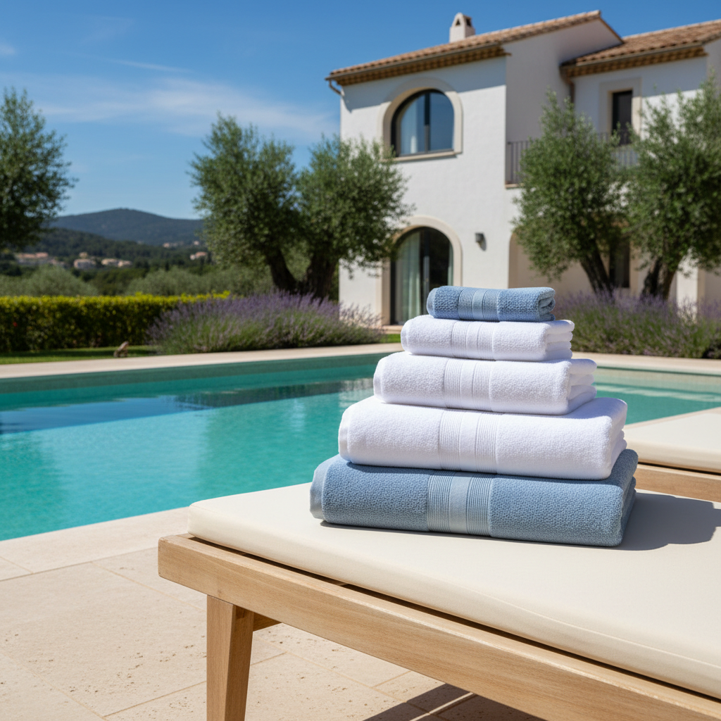Teli piscina per appartamento vacanze in cotone impilati vicino a una piscina privata di un appartamento turistico con lettino