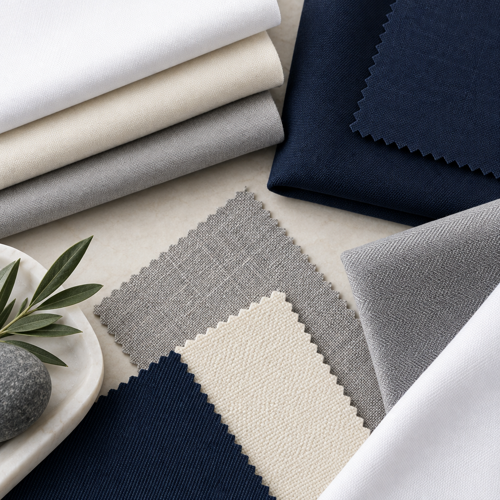 Uniformi per l'hotellerie in tre tessuti principali: giacca da ricevimento in cotone pettinato bianco, giacca da cuoco in mista 65% cotone 35% poliestere e pantalone per le pulizie in poliestere resistente al lavaggio industriale