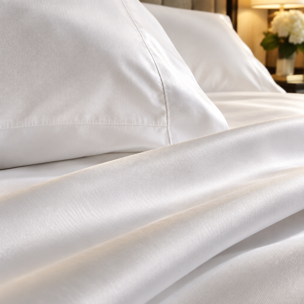 White hotel bed linen in combed cotton with 300 TC thread count folded on a four-star hotel bed with pillows in percale pillowcases and immaculate presentation