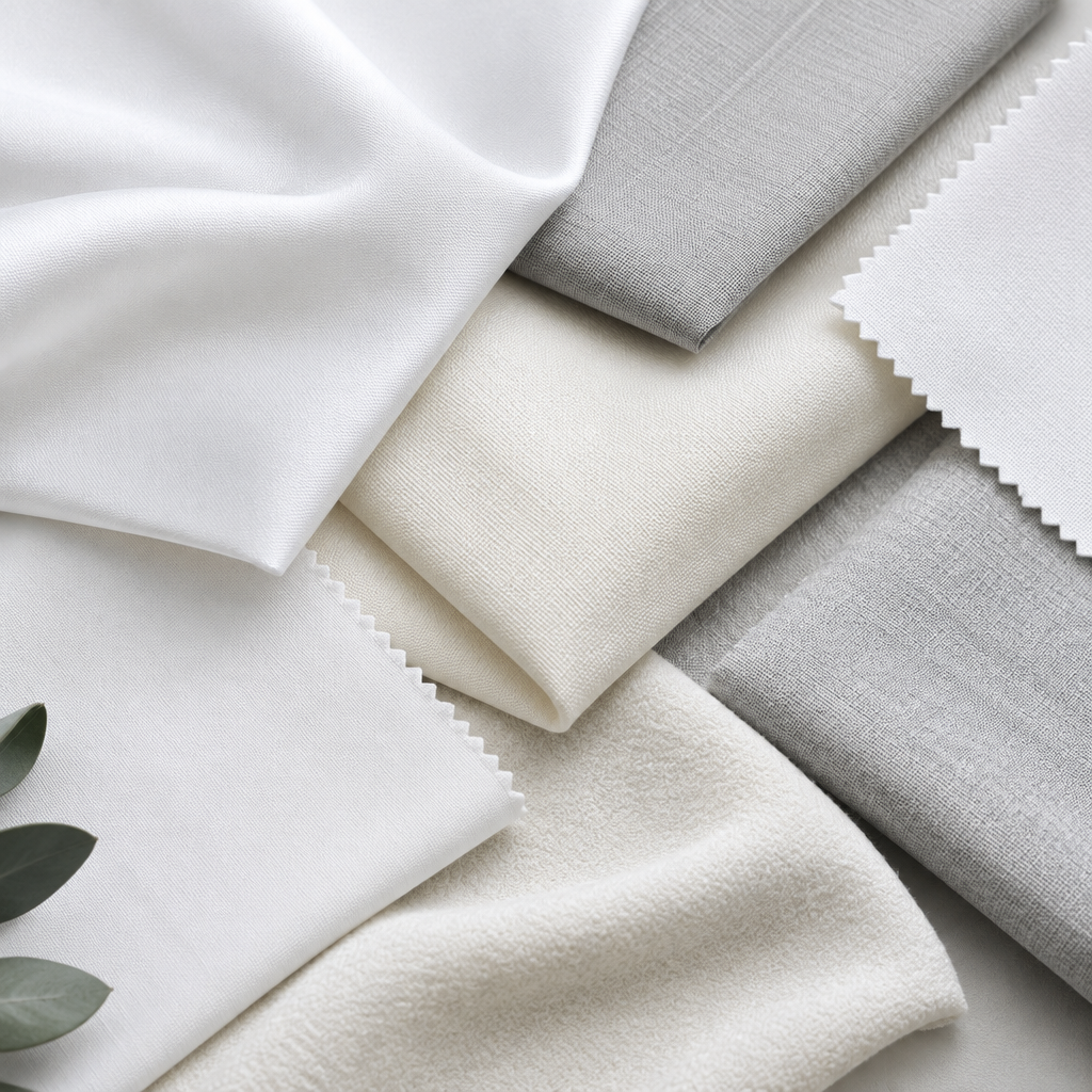 Uniformes d'hôtellerie dans trois tissus principaux : veste de réception en coton peigné blanc, veste de cuisinier en mélange 65 % coton 35 % polyester et pantalon de nettoyage en polyester résistant au lavage industriel