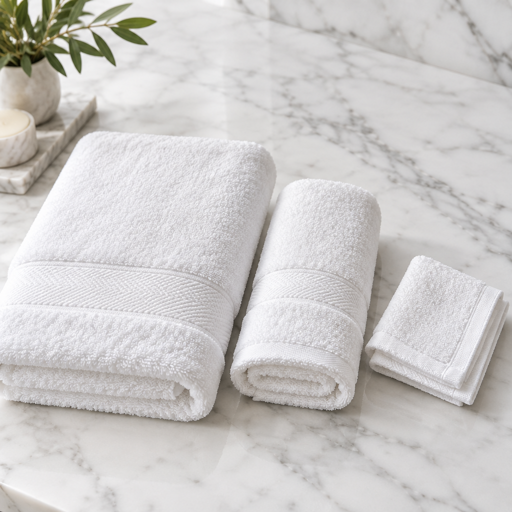 Set completo de toallas de hotel blancas: toalla de baño 70x150 cm, toalla de mano 50x90 cm y toallita 30x30 cm dobladas en juego sobre encimera de mármol en baño de hotel cuatro estrellas