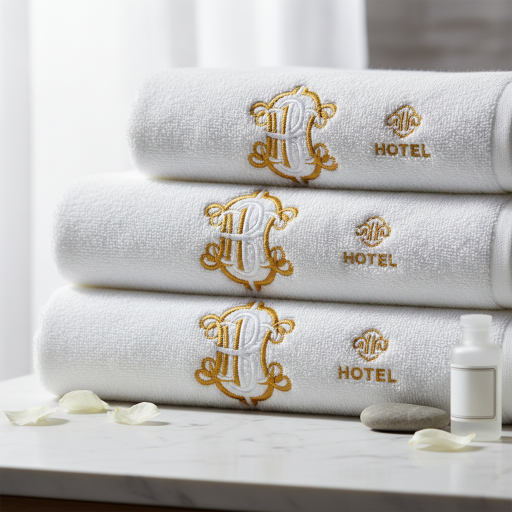 Toallas de hotel blancas con logo bordado en relieve sobre toallero de madera en baño hotelero de lujo