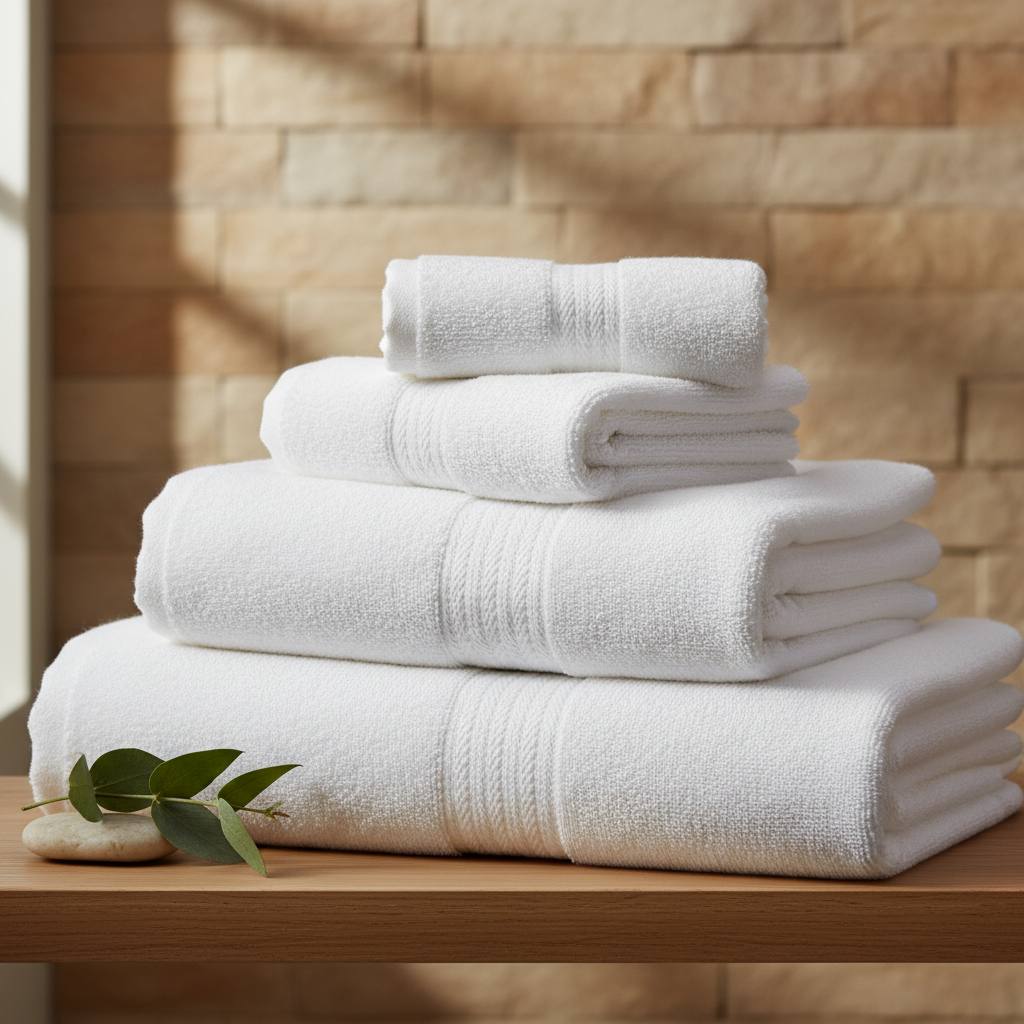 Toallas de algodón orgánico certificado GOTS para hotel apiladas en baño de habitación hotelera sostenible