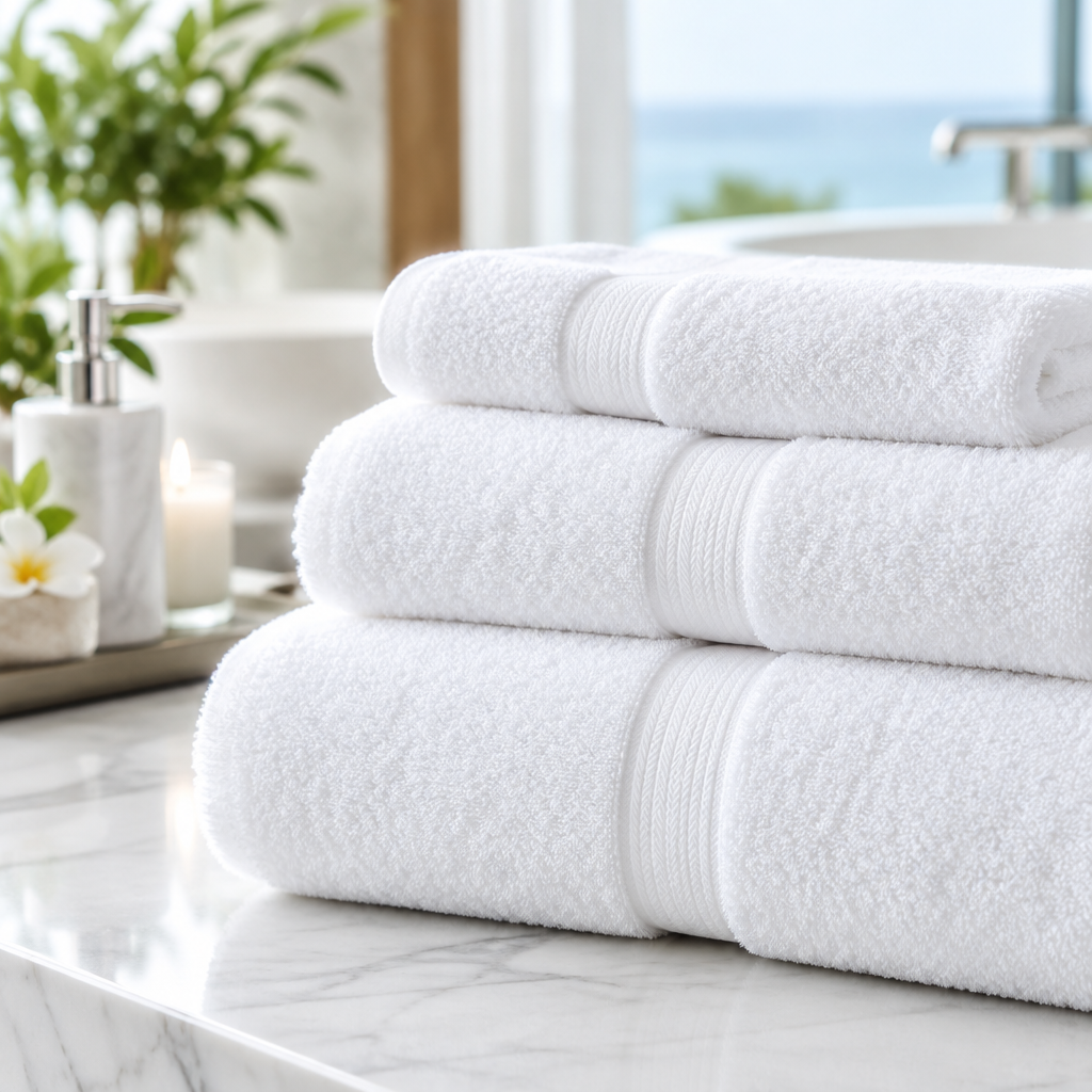 Comparativa de toallas de hotel blancas: toalla en perfecto estado junto a toalla con amarillamiento por depósitos de cal y proteínas de sudor en lavandería hotelera