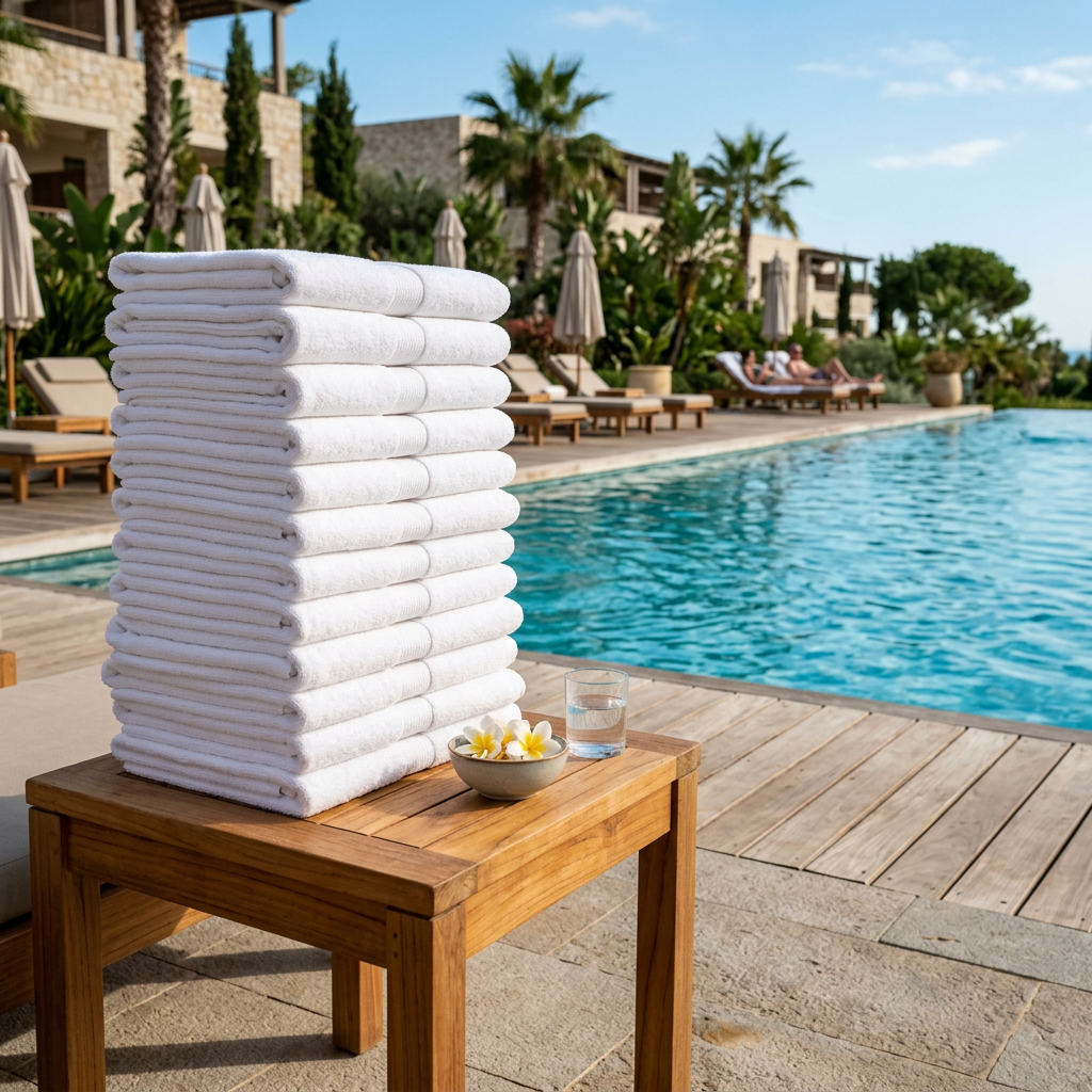 Pila de toallas de piscina blancas para hotel, ligeras y absorbentes, colocadas junto a una piscina exterior de establecimiento hotelero