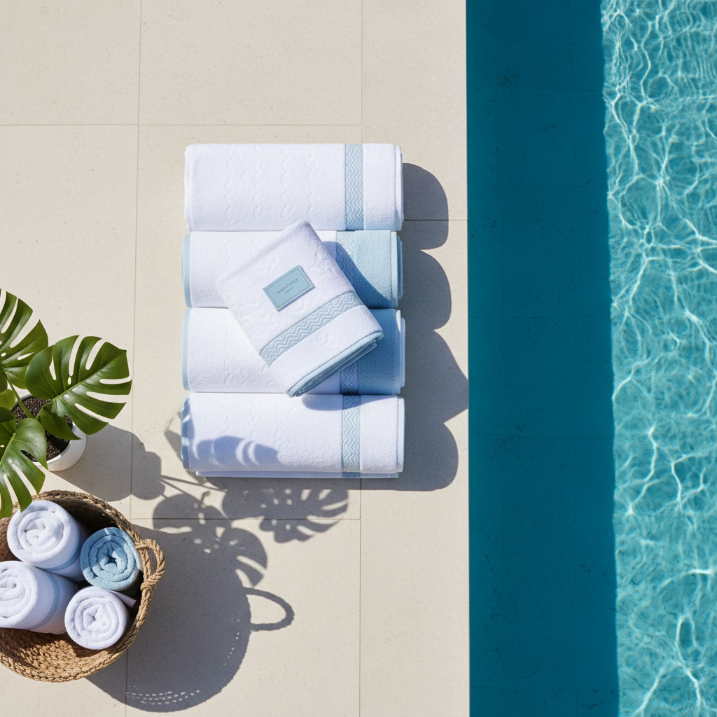 Toallas de piscina de hotel blancas y de rayas apiladas en zona de piscina exterior de establecimiento hotelero