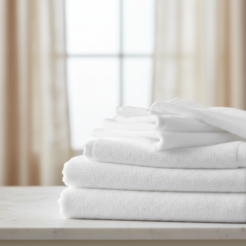 Toallas de rizo americano para hotel apiladas en baño de habitación hotelera de diseño contemporáneo con cara lisa visible