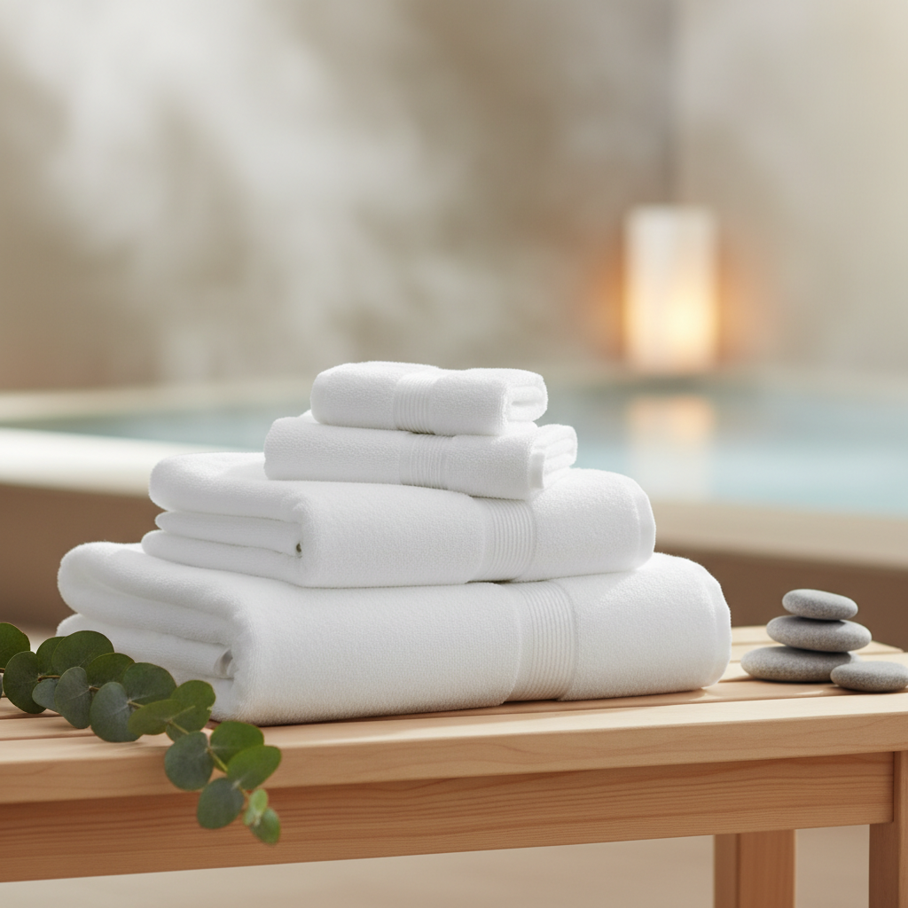 Detalle de tejido de toalla de spa en algodón egipcio de 600g/m² para hotel de lujo con rizo denso y acabado suave