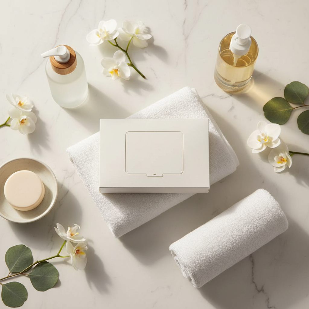 Toallitas desmaquillantes para hotel en sachet individual presentadas en baño de habitación hotelera junto al resto del kit de amenities