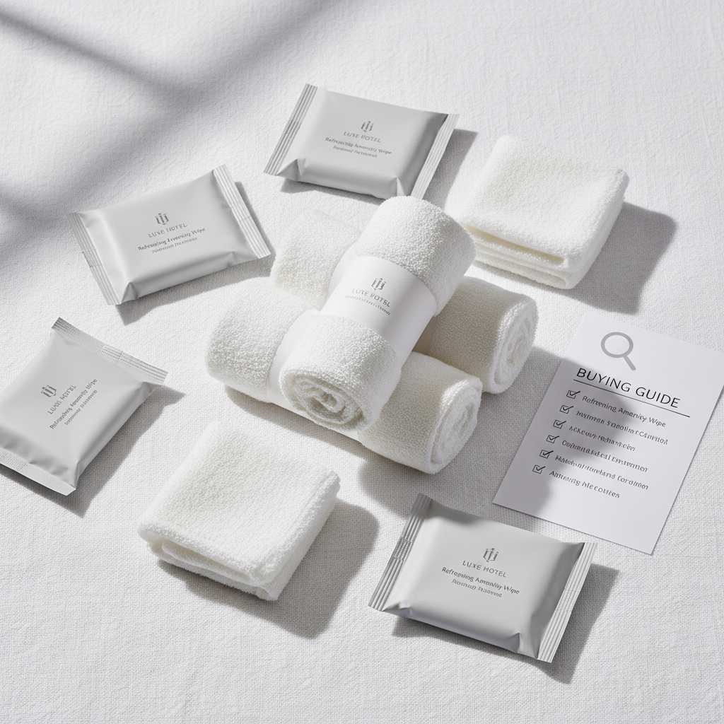 Toallitas para hotel en sobre individual presentadas junto al kit de amenities en baño de habitación hotelera