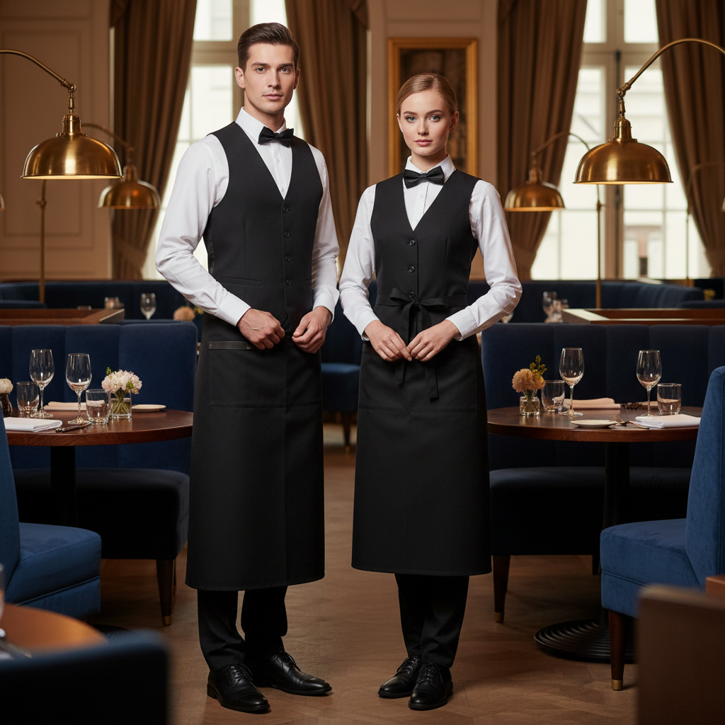 Équipe de salle de restaurant d'hôtel en uniforme coordonné : chemise blanche, gilet noir et tablier de taille pendant le service