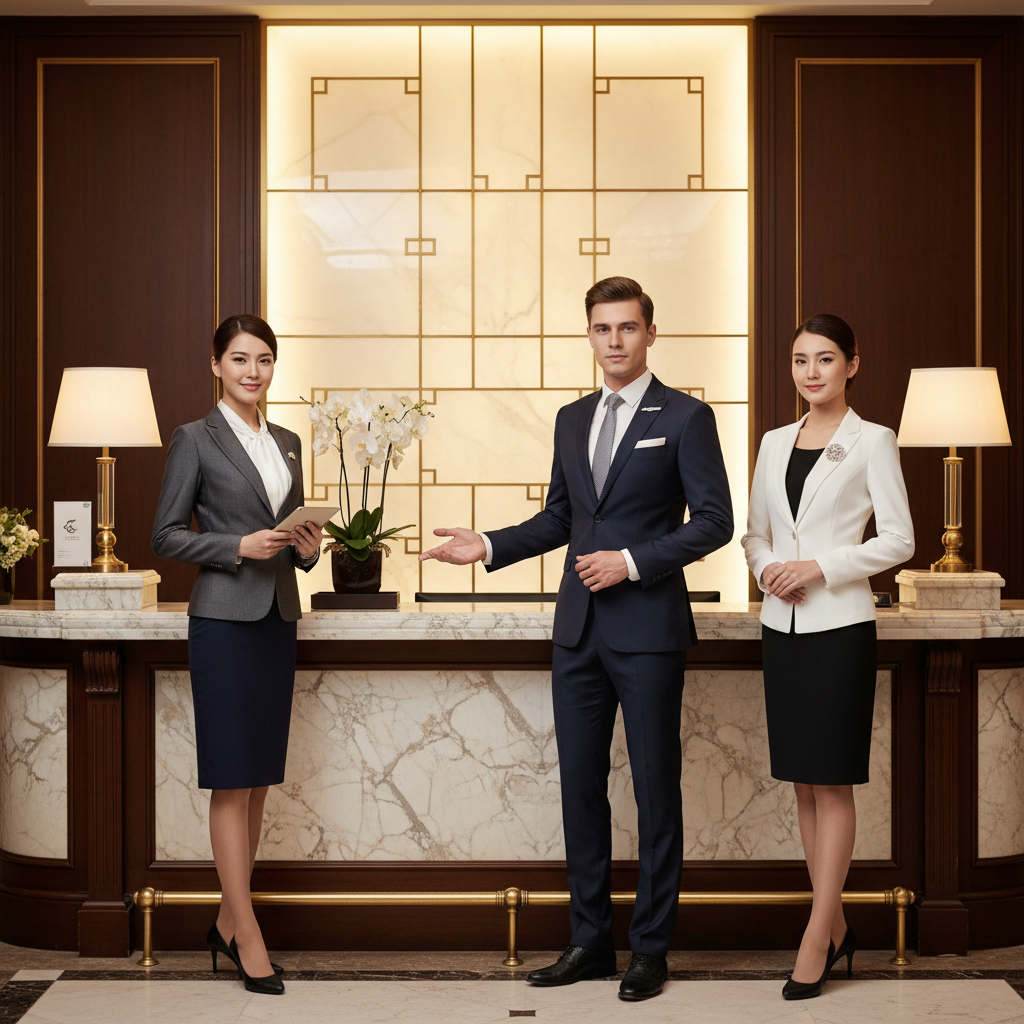 Réceptionnistes d'hôtel en uniforme de réception avec blazer bleu marine et chemise blanche au front desk d'un hôtel