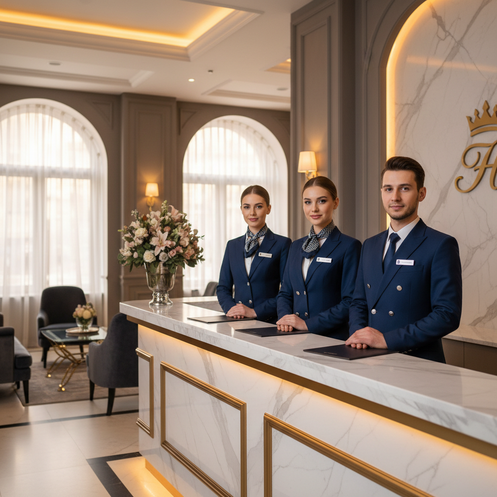 Recepcionistas de hotel con uniformes de recepción en americana azul marino y camisa blanca en front desk de hotel