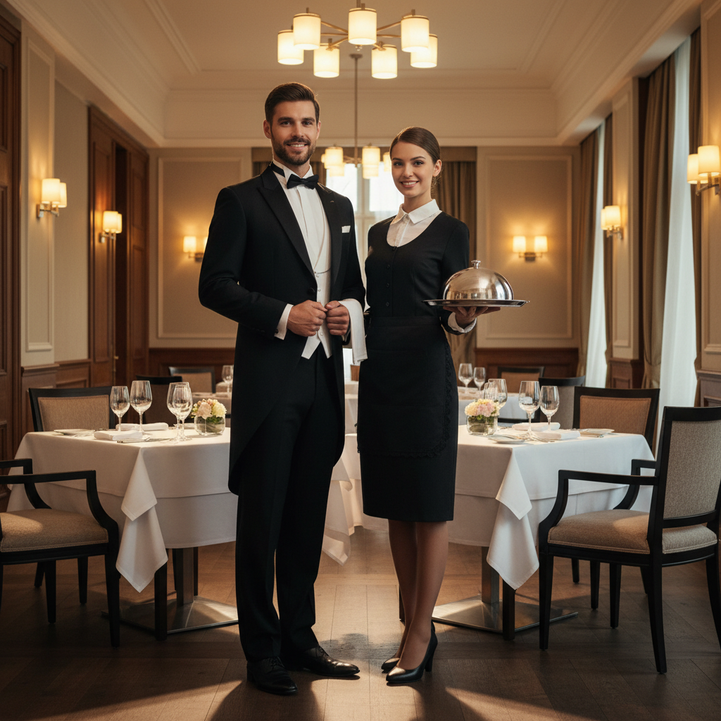 Equipo de sala de restaurante de hotel con uniforme coordinado: camisa blanca, chaleco negro y delantal de cintura durante el servicio