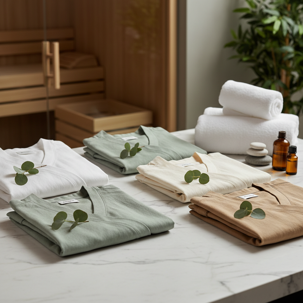 A hotel spa therapist wearing a white viscose robe and cream-colored palazzo pants during a treatment in the massage room of a wellness hotel