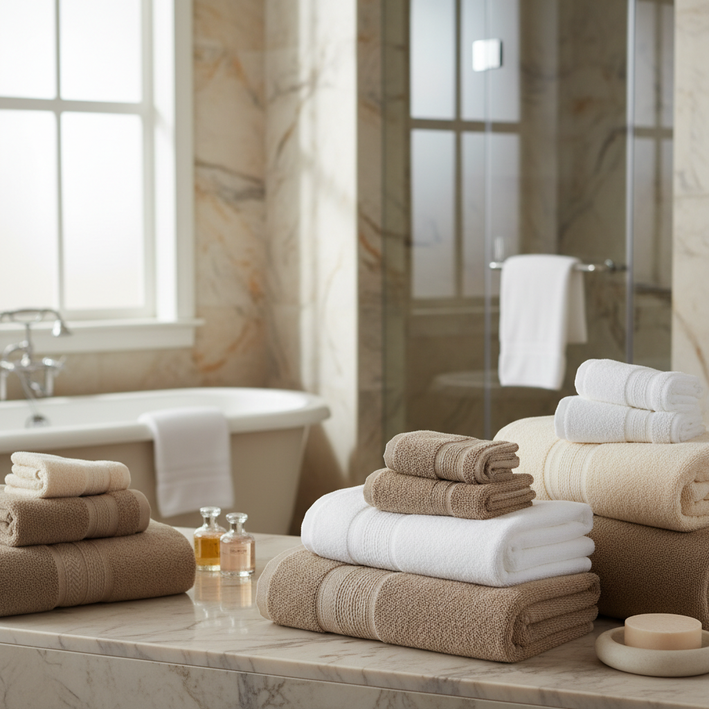 Velour hotel towels stacked in the bathroom of a contemporary design hotel room with smooth face visible