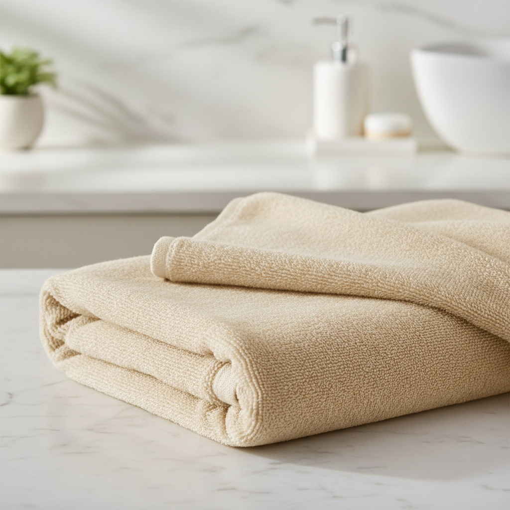 Velours-Frottier-Handtücher für Hotels gestapelt im Badezimmer eines zeitgenössischen Design-Hotelzimmers mit sichtbarer glatter Seite