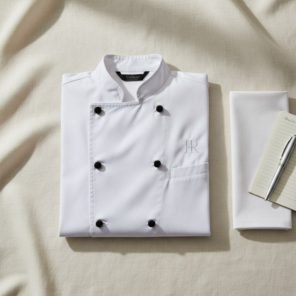 Brigade de cuisine professionnelle en vestes de cuisine blanches à double boutonnage dans un restaurant hôtelier