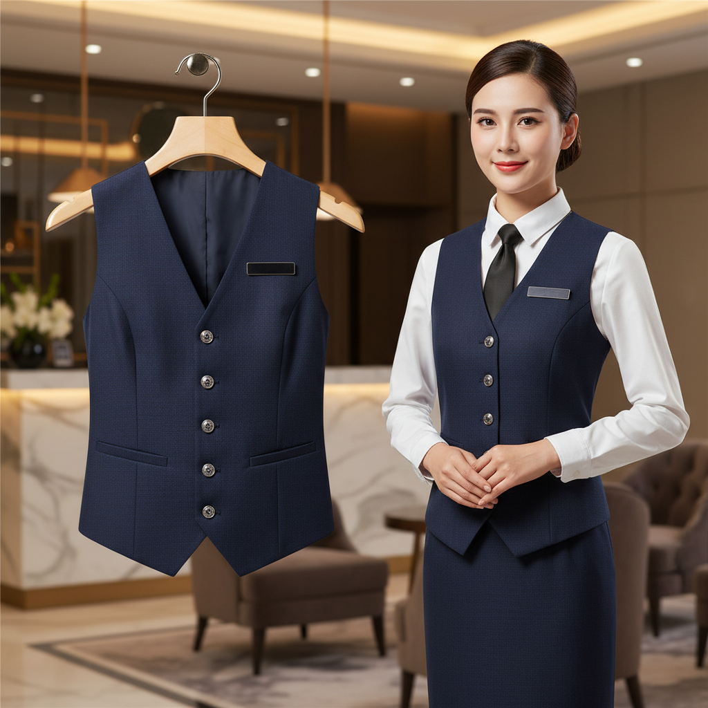 Réceptionniste d'hôtel en blazer corporate bleu marine avec logo brodé au comptoir de réception