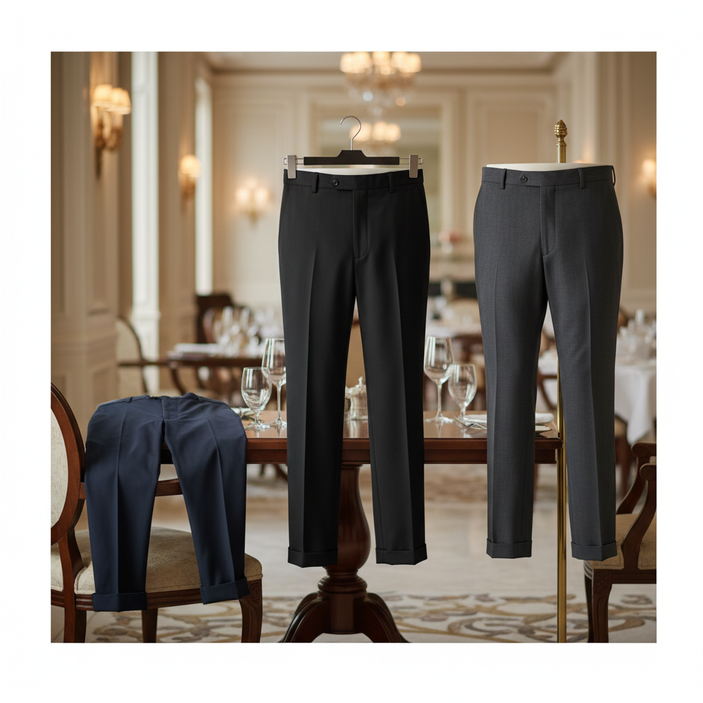 Hotel waiter in black dress trousers and white shirt during dining room service in a hotel restaurant