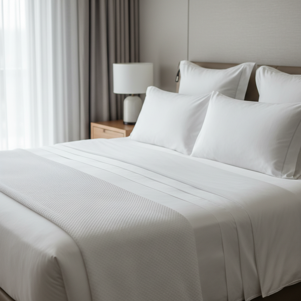 White combed cotton hotel bed linen with high durability on a hotel bed with impeccable finish after industrial laundering