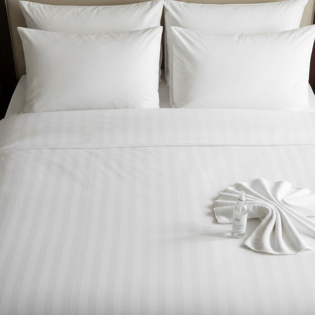 Weißes Hotellaken mit Fleck, der in einer Hotelwäscherei mit professionellem Fleckentferner behandelt wird