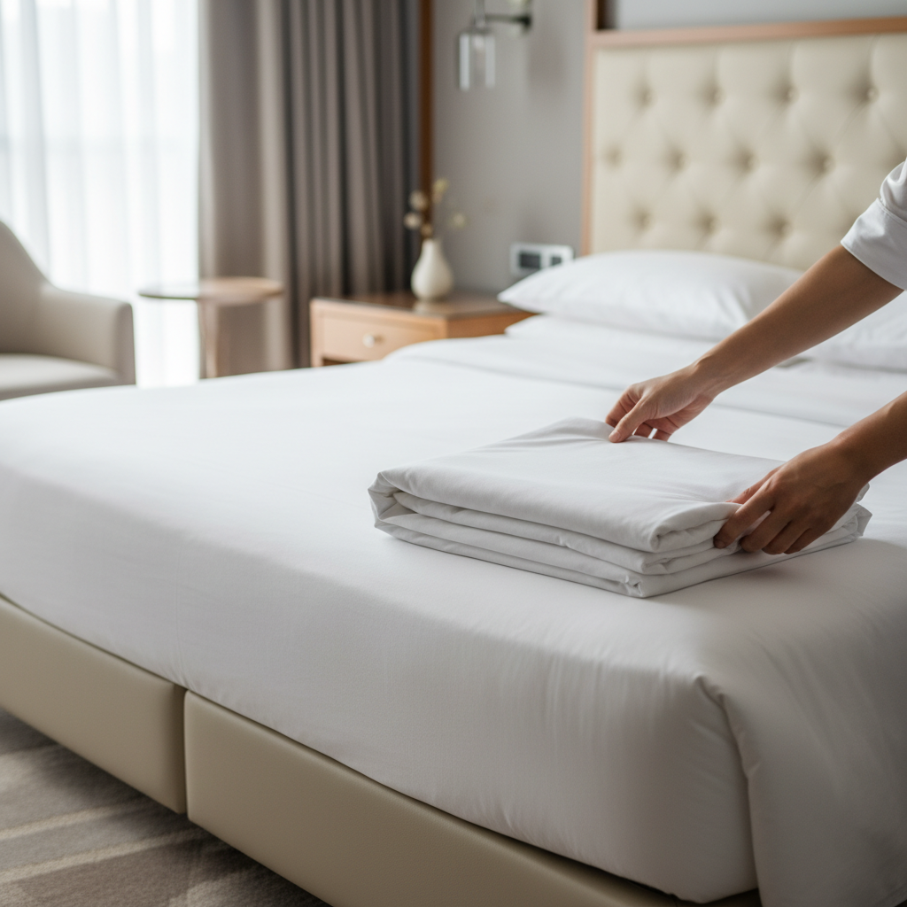 Zimmerfrau faltet Hotelbettwäsche im Wäscheraum mit professioneller Housekeeping-Technik