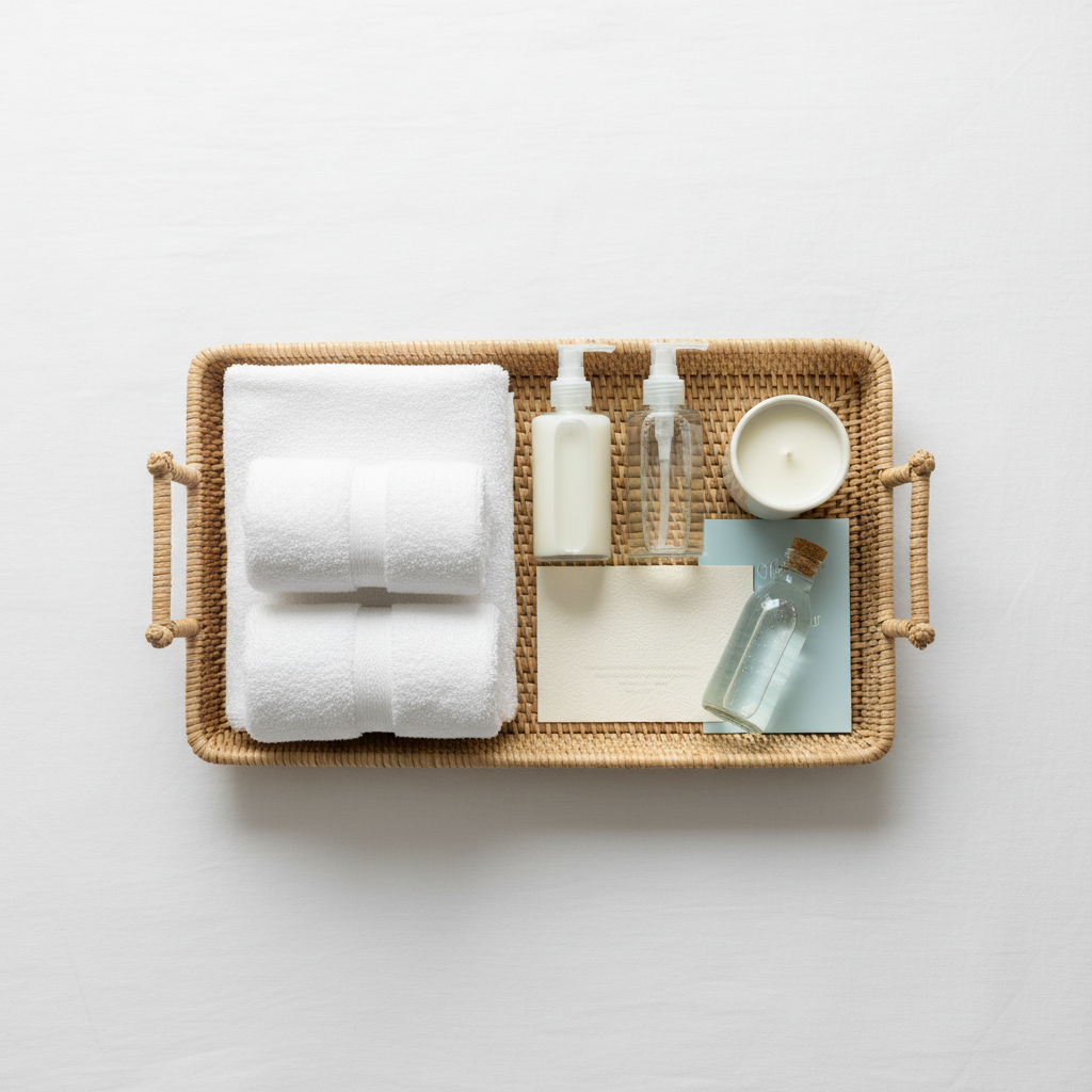 Willkommenspaket für Ferienwohnung auf Holztablett präsentiert: persönliche Notiz, Badezimmer-Amenities in kleinem Format, Kaffee und Willkommens-Snack
