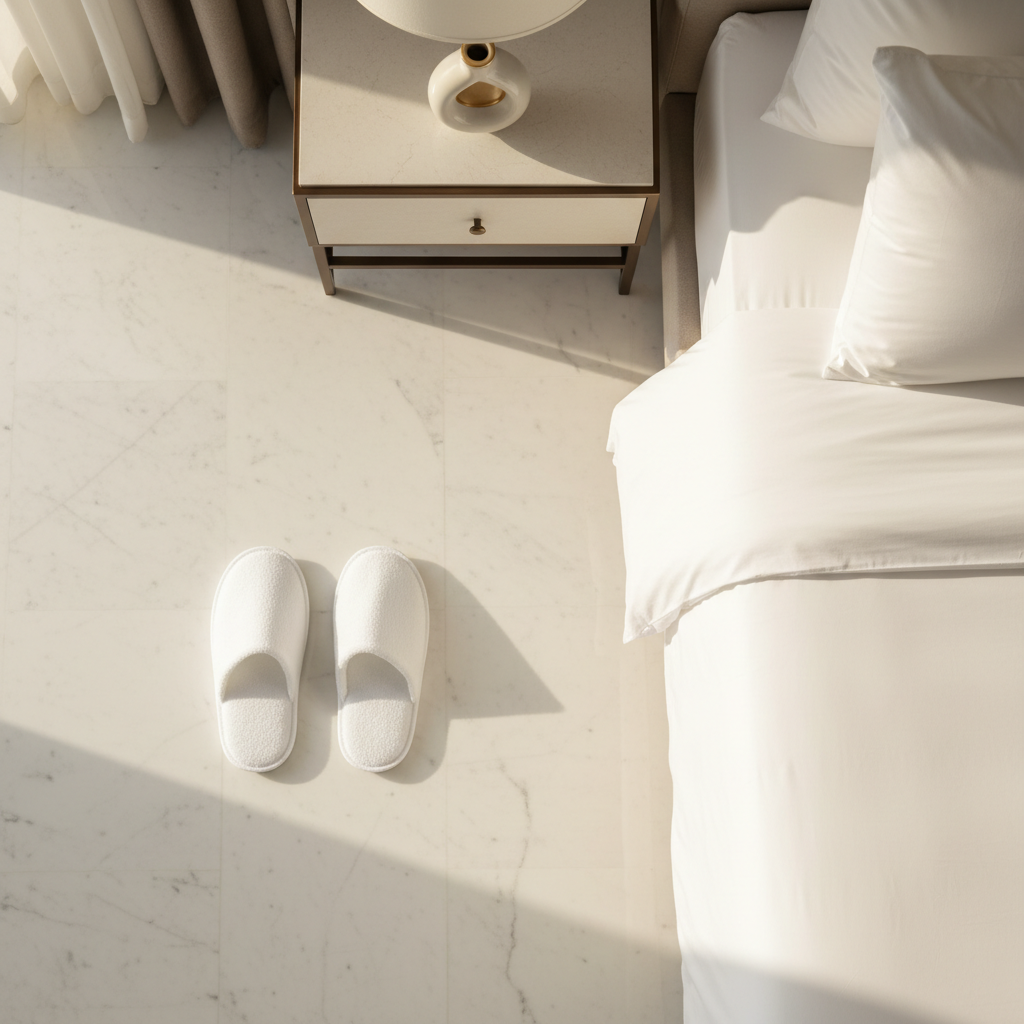 Par de zapatillas de hotel de rizo blanco sobre suelo de mármol de habitación hotelera