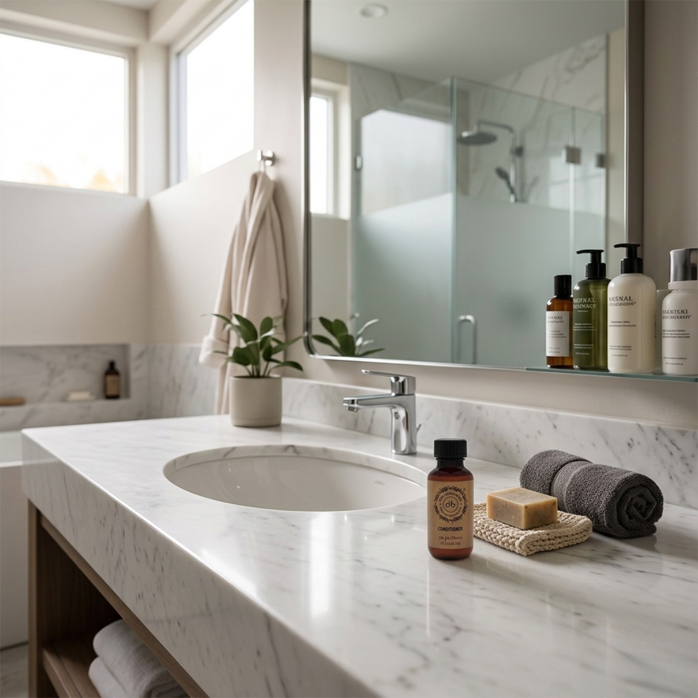 Amenity de acondicionador capilar Bube 35 ml en envase sostenible RPET para hoteles, con tapón de rosca y fórmula vegana certificada