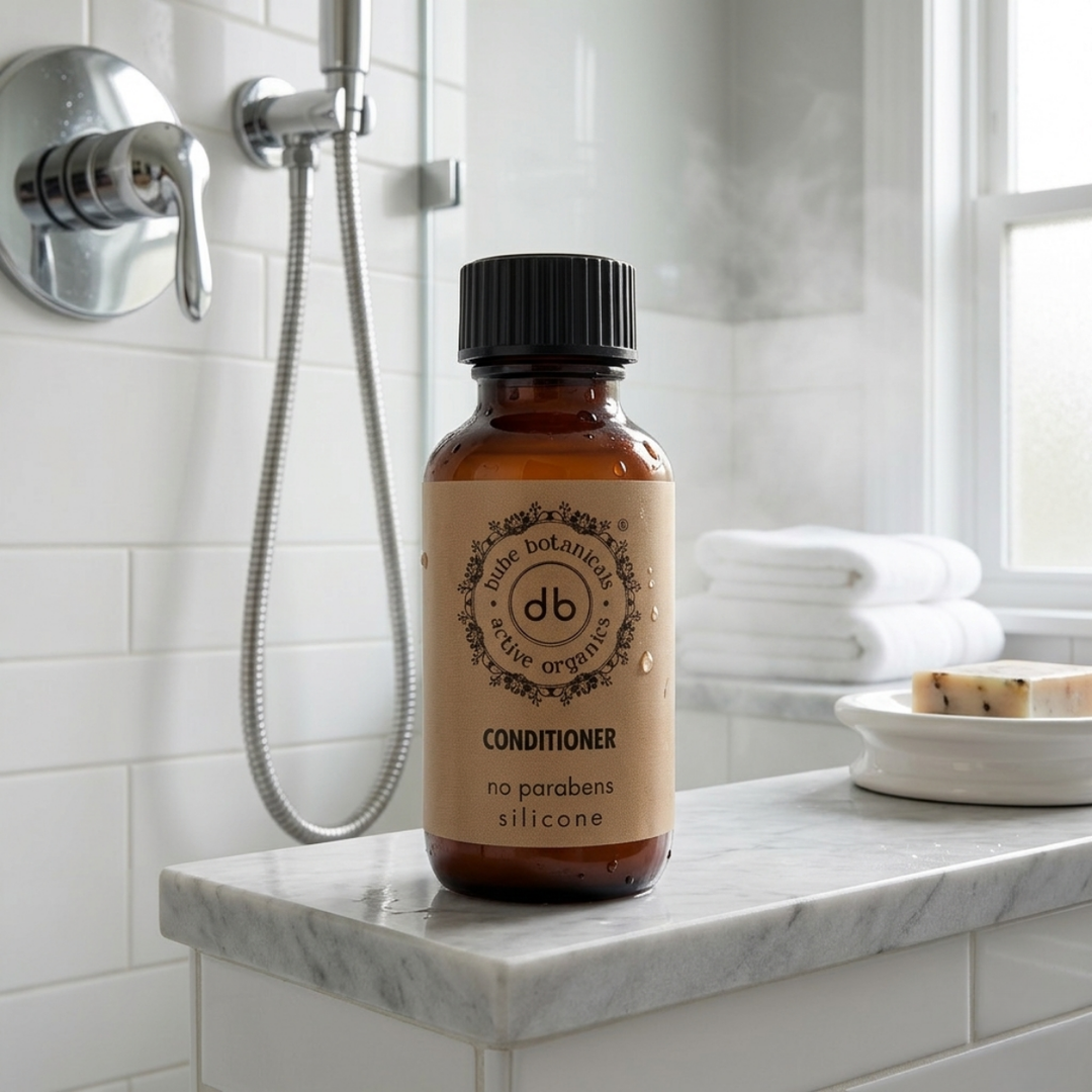 Balsamo per capelli monodose da 35 ml del marchio Bube, confezione in RPET riciclato con tappo a vite, prodotto in Spagna