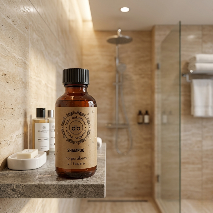 Shampoo Bube da 35 ml in confezione sostenibile in RPET per hotel, con tappo a vite e formula vegana certificata