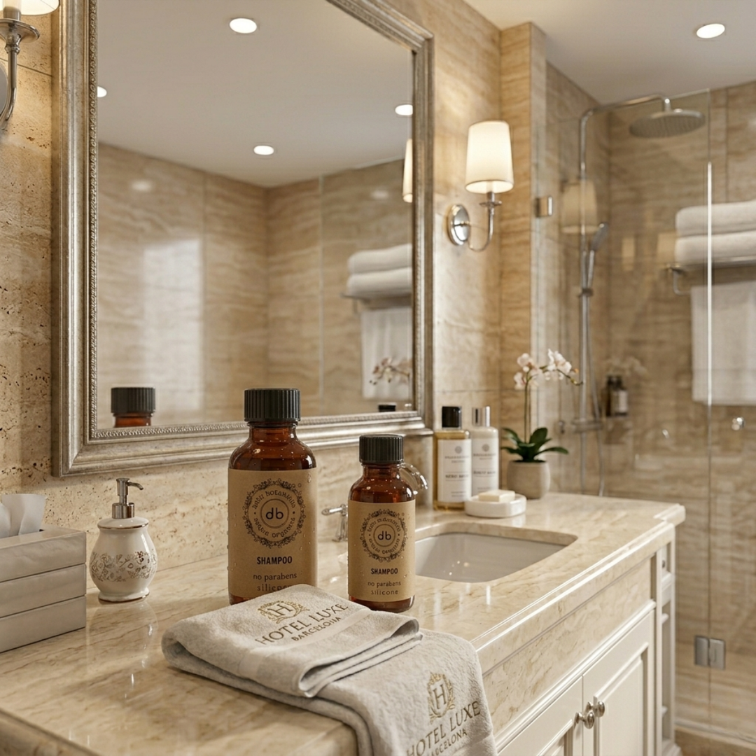 Shampoo monodose da 35 ml del marchio Bube, confezione in RPET riciclato con tappo a vite, prodotto in Spagna