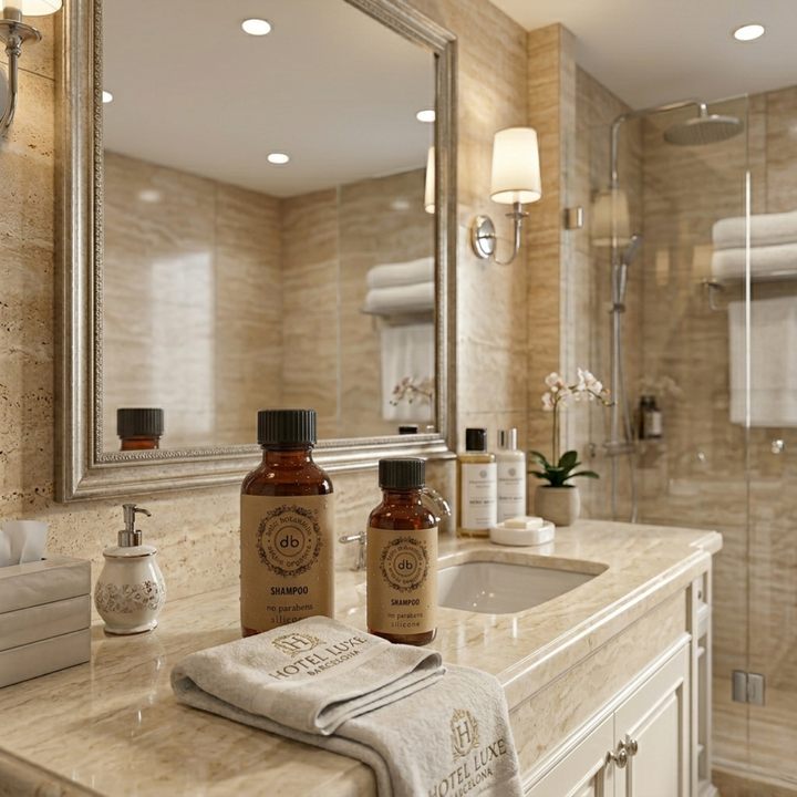 Shampoo monodose da 35 ml del marchio Bube, confezione in RPET riciclato con tappo a vite, prodotto in Spagna