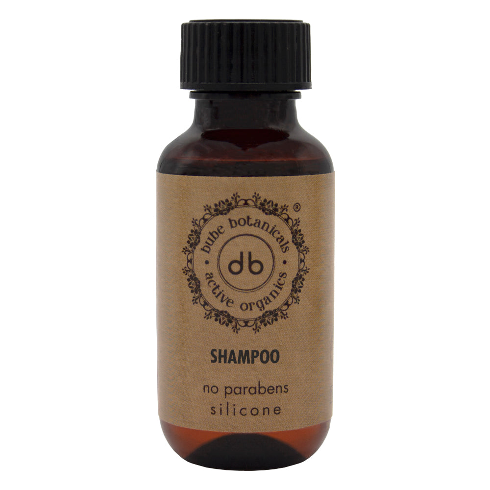 Flacone di shampoo per capelli Bube da 35 ml con tappo a vite, prodotto in Spagna con materiale RPET riciclato e certificato vegano