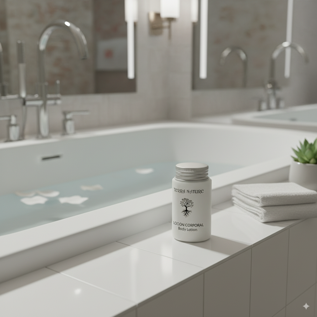 Body lotion amenities for hotels, 30 ml bottle format.