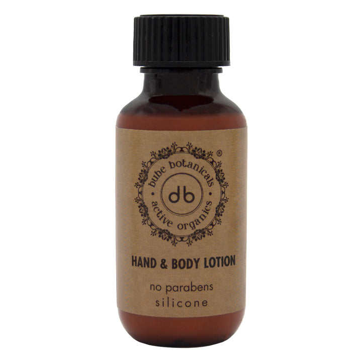 Flaconcino da 35 ml di lozione idratante per mani e corpo Bube con tappo a vite, prodotto in Spagna con materiale RPET riciclato e certificato vegano